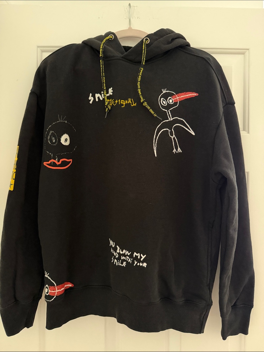 Desigual Black Graphic Hoodie Size S Oversized Fleece Lined Art Sweatshirt